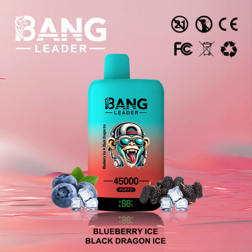 Appareil de vapotage Bang Leader coloré d'une capacité de 45 000 bouffées, myrtille et fruit du dragon noir avec glaçons et divers logos de certification sur un fond dégradé rose.