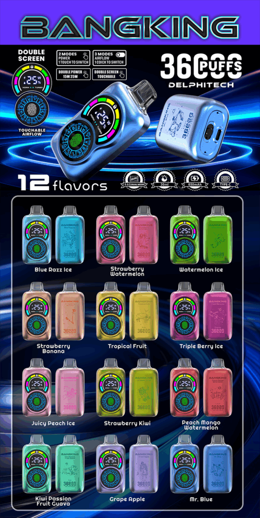 Gráfico promocional de los dispositivos de vapeo Bangking que presenta un dispositivo de doble pantalla y 12 opciones de sabores diferentes. Los sabores incluyen Blue Razz Ice, Strawberry Watermelon, Watermelon Ice, Strawberry Banana, Tropical Fruit, Juicy Peach Ice, Strawberry Kiwi, Kiwi Passion Fruit Guava, Triple Berry Ice, Peach Mango Watermelon, Grape Apple y Mr. Blue. La imagen muestra varios dispositivos de colores con información sobre el conteo de bocanadas, los modos de potencia y las especificaciones.