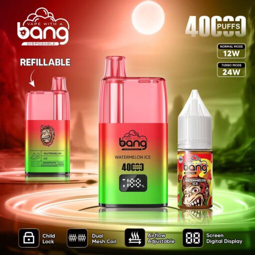 Un dispositivo de vapeo colorido con la etiqueta "Bang" y sabor a sandía helada, con un diseño rellenable, pantalla digital y flujo de aire ajustable. La imagen también muestra una botella de líquido para vapeo con sabor a sandía helada.