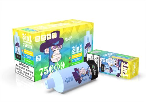 Eine farbenfrohe Verpackung für ein 3-in-1-Vape-Produkt mit einem blauen Einweg-Vape-Gerät mit der Grafik eines Comic-Affen mit einem lila Hut und Geschmacksrichtungen wie Pfirsich-Mango, Blaue Himbeere, Kirsche und Kühle Minze sowie einem Warnhinweis zu Nikotin.
