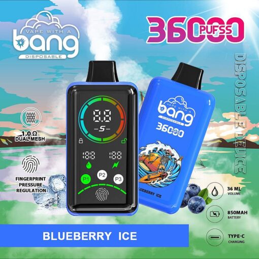 Dispositivo per svapare con display digitale che mostra il sapore "Blueberry Ice", 36.000 boccate, volume di 36 ml, batteria da 850 mAh e regolazione della pressione tramite impronta digitale.