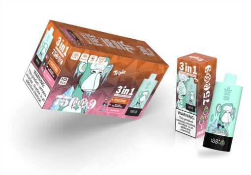 Eine farbenfrohe Verpackung für ein Vape-Produkt, das ein 3-in-1-Aromenset präsentiert, mit einer Affengrafik und Geschmacksbeschreibungen wie „Strawberry Vanilla Chill“, „Black Dragon Ice“ und „Peach Ice“ sowie einem Warnhinweis zur Nikotinsucht.