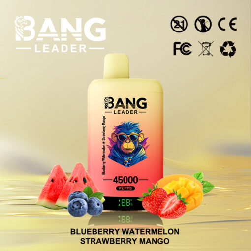 Appareil de vapotage Bang Leader avec un design de singe illustré coloré, affichant 45 000 bouffées, entouré d'images de pastèque, de myrtilles, de fraises et de mangue, avec des icônes de certification de produit au-dessus.
