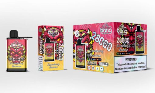 Bang-Einweg-Vape-Verpackung mit einem rot-gelben Dämonen-Design und „Strawberry Banana“-Geschmack. Das Produkt ist mit 2800 Zügen, Mesh-Spule, wiederaufladbarem 650-mAh-Akku und Typ-C-Ladefunktion gekennzeichnet. Eine Nikotinwarnung wird angezeigt.