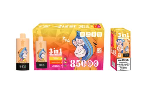 A colorful packaging of Bang King vape products featuring a cartoon monkey and labeled with three adjustable flavors: Tropical Fruit, Lemon Peach, and Strawberry Watermelon, along with details on the number of puffs and battery specifications.