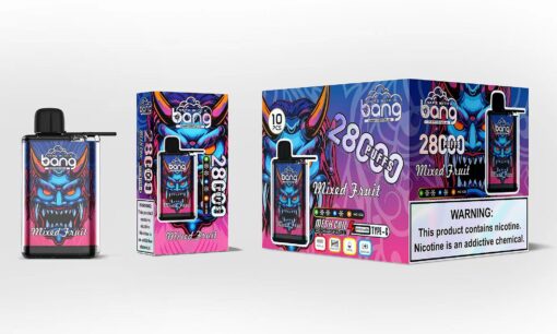 Einwegverpackung für E-Zigaretten von Bang mit einem wilden blau-roten Dämonendesign, der Aufschrift „Mixed Fruit“ und „2800 Zügen“, wiederaufladbar mit einer Netzspule und Typ-C-Ladefunktion sowie einer Nikotinwarnung.