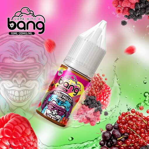 Botella de vape con un diseño colorido que presenta un gorila, rodeado de bayas mixtas y salpicaduras de frutas.