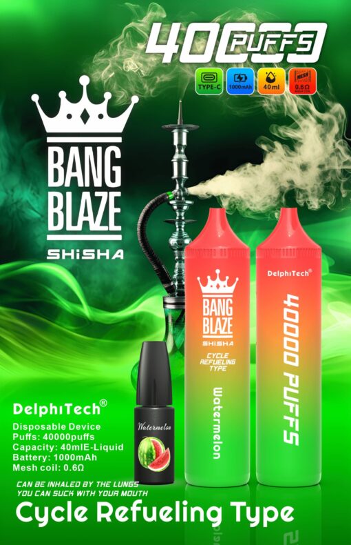 Imagem promocional brilhante mostrando um narguilé com o rótulo 'BANG BLAZE' e fumaça, dois recipientes de sabor enfatizando '40000 PUFFS' e 'Melancia', e detalhes do produto destacados em um fundo verde vivo.