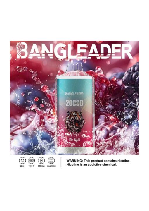 Un stylo vape coloré étiqueté « BANGLEADER » avec un graphisme de tigre, entouré d'éclaboussures de fruits et d'eau, avec des détails comme « 20 000 bouffées » et la saveur « Mix Fruit », sur un fond vibrant.