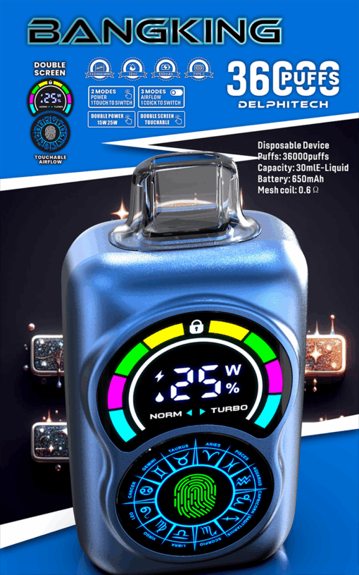 Dispositivo de vapeo desechable de color azul con pantalla doble, que muestra un ajuste de potencia de 25 W, una capacidad de 36 000 caladas y varios modos de flujo de aire y potencia. El diseño incluye un panel táctil con temática del zodíaco y un escáner de huellas dactilares.