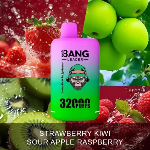 Un appareil à vapotage coloré entouré de fraises, de pommes vertes, de framboises et de kiwis avec le texte « STRAWBERRY KIWI SOUR APPLE RASPBERRY » et « 32000 PUFFS ».