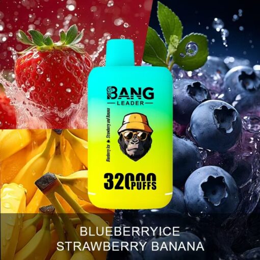 Un appareil à vapotage coloré avec un design représentant un gorille portant des lunettes de soleil et un chapeau, entouré d'images de fraises, de bananes et de myrtilles. Le texte affiche « BANG LEADER » et « 32 000 PUFFS » ainsi que les saveurs « BLUEBERRY ICE » et « STRAWBERRY BANANA ».