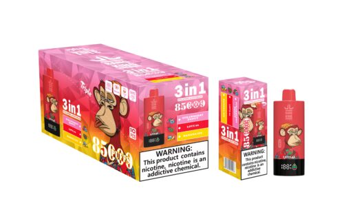A colorful packaging for a vape product featuring a cartoon monkey design, showcasing the flavors 'Strawberry Donut,' 'Love,' and 'Banana Ice,' with a detailed warning label about nicotine addiction.