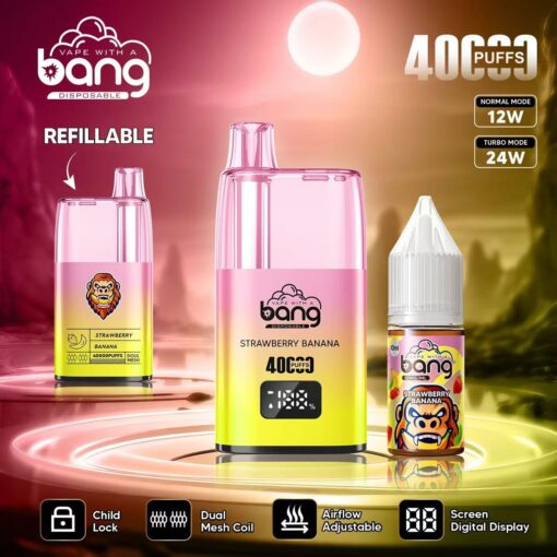 Dispositivo de vapeo desechable de color rosa y amarillo etiquetado "Bang Strawberry Banana" con una capacidad de 4000 bocanadas, función de recarga, bloqueo para niños, bobina de malla doble, flujo de aire ajustable y pantalla digital, acompañado de una botella de e-líquido de 10 ml con la marca a juego.