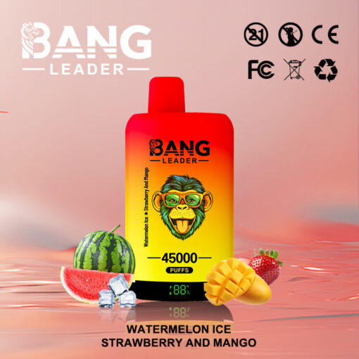 Appareil de vapotage Bang Leader avec un singe de dessin animé portant des lunettes sur un fond rouge et jaune, entouré d'images de pastèque, de glaçons, de fraise et de mangue, mettant en valeur les saveurs de glace à la pastèque, de fraise et de mangue, avec 45 000 bouffées indiquées.