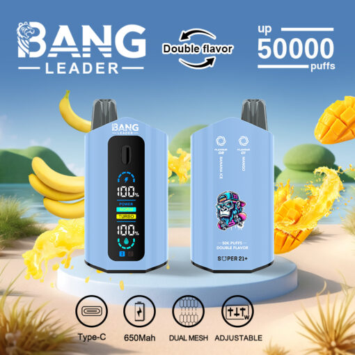 Image promotionnelle pour la vape jetable BANG LEADER montrant un appareil bleu avec affichage numérique, doté d'options de saveur double (banane et mangue), jusqu'à 50 000 bouffées, une charge de type C, une batterie de 650 mAh, une double maille et des réglages réglables, avec des éclaboussures de fruits stylisées en arrière-plan.