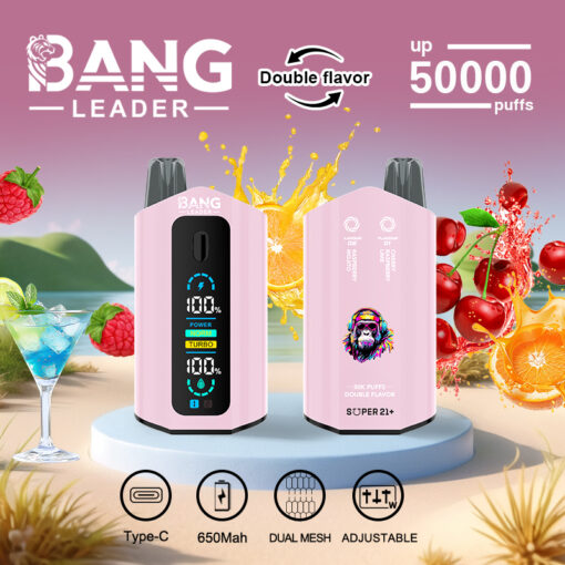 Image promotionnelle pour l'appareil de vapotage Bang Leader montrant des vues avant et arrière avec un fond de plage, des éclaboussures de saveurs de fruits et des fonctionnalités telles qu'une double saveur, jusqu'à 50 000 bouffées, une charge de type C, une batterie de 650 mAh, une double maille et des paramètres réglables.