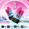 Image promotionnelle présentant un produit de vape jetable à double saveur, avec des saveurs de glace à la pastèque et de cerise aux bleuets. L'appareil a une capacité de 50 000 bouffées, un flux d'air réglable, une bobine en maille et un écran d'affichage numérique.