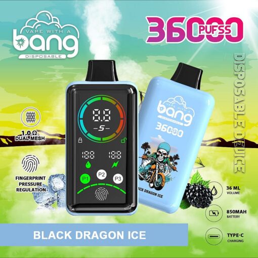 Einweg-Vaping-Gerät mit „Bang“-Branding und der Bezeichnung „Black Dragon Ice“, mit Digitalanzeige, 36.000 Zügen, 36 ml E-Liquid-Kapazität, 850 mAh-Akku, Typ-C-Ladefunktion und Druckregulierung per Fingerabdruck.