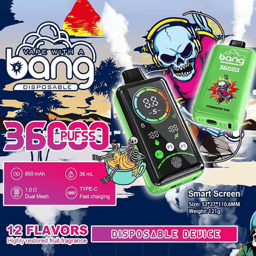 Eine farbenfrohe Werbung für den Bang Disposable Vape mit einer Kapazität von 36.000 Zügen, einem 850 mAh-Akku, 36 ml E-Liquid, Typ-C-Schnellladung, Dual-Mesh-Spule, 12 Fruchtaromen und einem intelligenten Bildschirmdesign mit lebendigen Grafiken und Skelettillustrationen.