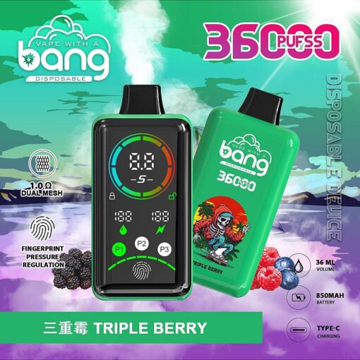 Confezione monouso per vaporizzatore Bang con aroma Triple Berry, capacità di 36.000 boccate, tecnologia Dual Mesh da 1,0Ω, regolazione della pressione tramite impronta digitale, volume di e-liquid da 36 ml, batteria da 850 mAh e ricarica Type-C.