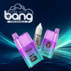 Una imagen promocional colorida que presenta dispositivos de vapeo desechables y una botella de jugo de vapeo etiquetada como "Bang Grape Ice", con un diseño degradado vibrante en violeta y turquesa.
