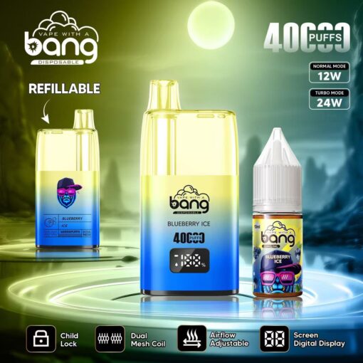 Einweg-Vaporizer von Bang mit dem Geschmack „Blueberry Ice“, mit nachfüllbarem Design, 4000 Zügen, einstellbarer Luftzufuhr und digitaler Anzeige des Batteriestandes.