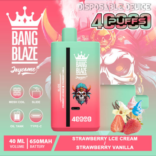 Un appareil de vapotage jetable coloré étiqueté « Bang Blaze » avec un motif de crâne, avec des saveurs de glace à la fraise et de vanille, mis en valeur par des graphismes de glace à la fraise et à la vanille, et le texte « Appareil jetable 4000 bouffées ».
