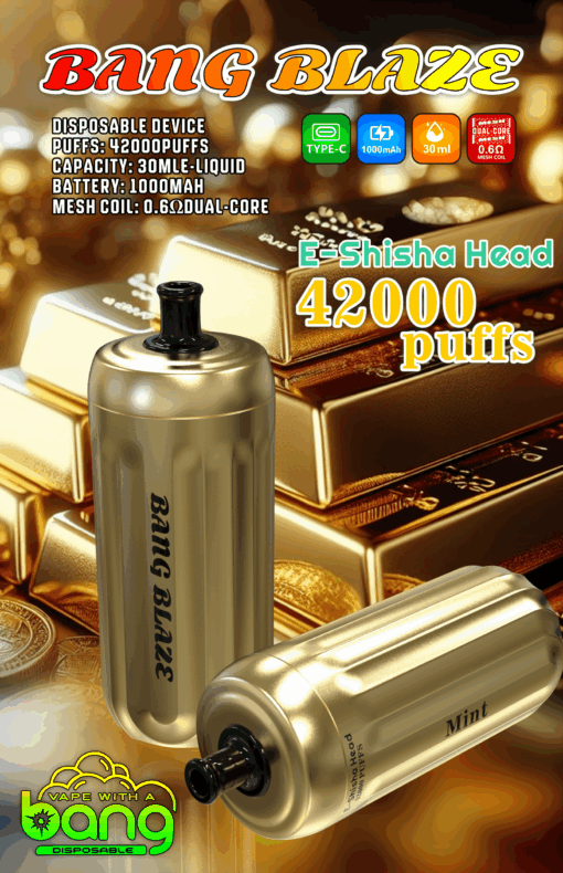 Un anuncio del dispositivo de vapeo desechable Bang Blaze, que muestra su diseño de recipiente dorado, con detalles como una capacidad de 30 ml, una batería de 1000 mAh y un impresionante recuento de 42 000 bocanadas, con un fondo de lingotes y monedas de oro.