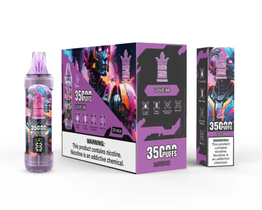 Une bouteille de vape étiquetée « Bang King Tornado » dans un design dynamique avec la saveur « Love 66 ». La bouteille est accompagnée d'une boîte colorée affichant la même marque, mentionnant « 35 Puffs » et détaillant les caractéristiques du produit telles que « Power Display » et « Mesh Coil ». Les avertissements concernant la nicotine sont bien en évidence.