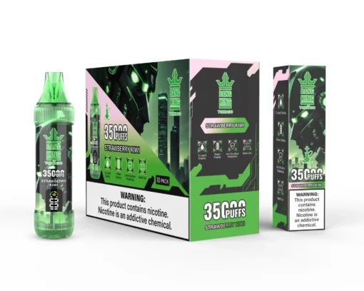 Un emballage et une bouteille de produit de vapotage vert « Bang King Tornado » avec une saveur fraise kiwi, avec des détails sur les bouffées, l'affichage du e-liquide, l'affichage de la puissance et la protection anti-brûlure.