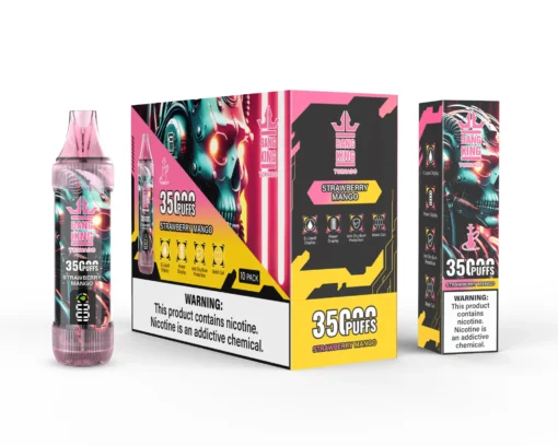 Emballage pour vape Bang King Tornado au goût fraise mangue, comportant une étiquette de 3 500 bouffées, des graphismes futuristes colorés et un texte d'avertissement indiquant que la nicotine crée une dépendance.