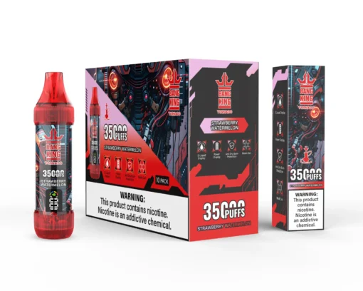 Une bouteille et un emballage de vape jetable Bang King Tornado au goût fraise pastèque, avec un design aux couleurs rouge, noir et blanc, et un avertissement sur la dépendance à la nicotine.