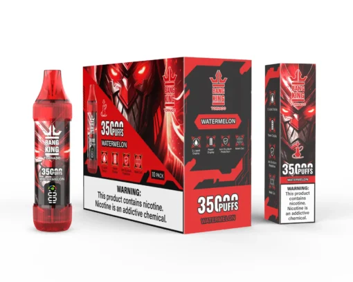 Une boîte et une bouteille de produit de vape « Bang King Tornado » rouge et noire avec une saveur de pastèque, présentant un design avec un visage robotique et diverses icônes.