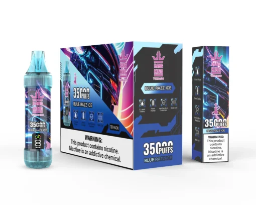 Un assortiment de produits de vape « Bang King Tornado », comprenant une bouteille d'e-liquide transparente étiquetée « Blue Razz Ice » avec un nombre de bouffées de 3 500, présentée à côté d'un emballage comportant des avertissements sur la nicotine. Le design intègre des couleurs vives et des graphiques indiquant une marque de vapotage moderne.