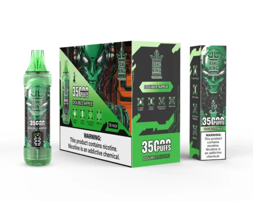 « Emballage et flacon de vape jetable Bang King Tornado Double Apple, doté d'un design robotique vert futuriste, d'une étiquette de 35 000 bouffées et d'un avertissement sur la nicotine. »