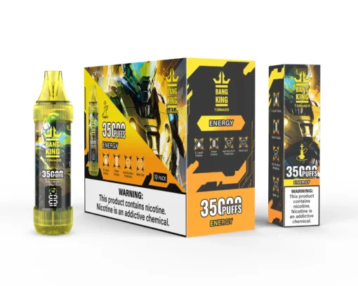 Une bouteille et un emballage d'e-liquide Bang King Tornado Energy, comportant l'étiquette « 35 000 Puffs » et un avertissement sur la teneur en nicotine.