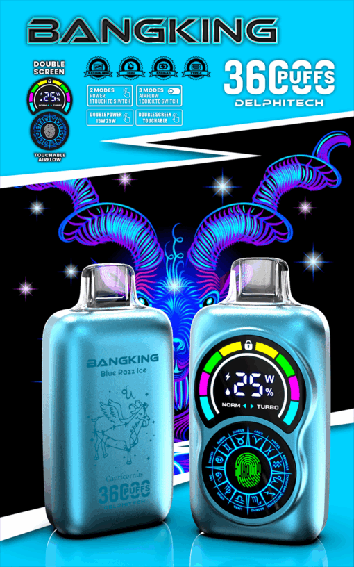 Dispositivo de vapeo con diseño metálico de color azul, con pantalla doble, indicador de potencia colorido y símbolos del zodiaco en la parte inferior. El fondo incluye patrones abstractos de neón.