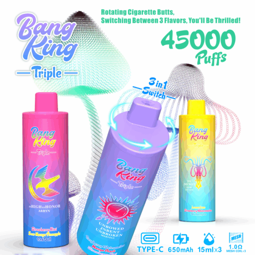 Publicité pour les cigarettes électroniques jetables Bang King Triple comprenant trois appareils de vapotage colorés, mettant en valeur un commutateur de saveur 3 en 1, 45 000 bouffées, une batterie de 650 mAh, 15 ml de liquide par saveur et une charge de type C.