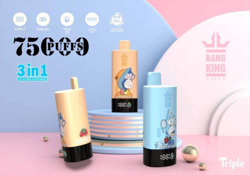 Eine farbenfrohe Ausstellung von drei Bang King Vape-Geräten, jedes mit einem anderen Geschmack gekennzeichnet: Erdbeer-Wassermelone, Zitrone-Pfirsich und Blue Razz, vor einem pastellfarbenen Hintergrund mit geometrischen Formen und dekorativen Kugeln, die ihre Funktionen wie 75.000 Züge und 3-in-1-Geschmackseinstellung zur Schau stellen.