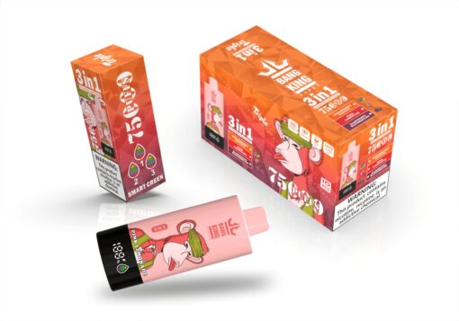 Ausgestellt werden drei Vape-Produkte, darunter ein rosa Vape-Pen mit einer Affengrafik und der Aufschrift „Pink Lemonade“, eine bunte Pappschachtel mit der Aufschrift „3 in 1“ und einem Cartoon-Affen sowie eine kleinere Schachtel, die vor dem Inhalt warnt und Aromatröpfchen zeigt.