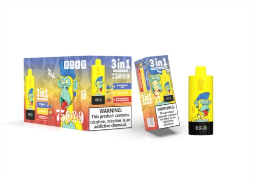 Eine farbenfrohe Verpackung eines 3-in-1-Vape-Produkts mit einer Zeichentrickfigur, einem Affen, beschriftet mit Geschmacksrichtungen wie Blaubeereis, Zitrone-Limette und Erdbeer-Wassermelone sowie einer Warnung vor Nikotinsucht.