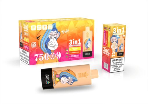 Eine Verpackung für ein Vaping-Produkt mit farbenfroher Verpackung und einem Cartoon-Affen-Design, auf der drei Geschmacksrichtungen hervorgehoben werden: Tropische Früchte, Zitronenpfirsich und Erdbeer-Wassermelone, zusammen mit einem Warnhinweis zum Nikotin.
