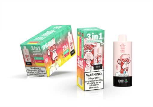 Eine lebendige Verpackung eines Vape-Produkts mit einem Cartoon-Affen mit Sonnenbrille auf der Vorderseite, beschriftet 