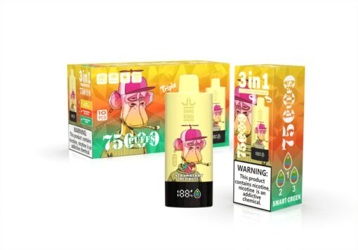 Eine farbenfrohe Verpackung von Bang King E-Zigaretten mit einem Zeichentrick-Affen mit einer rosa Kappe und einer Zigarette, auf der die Geschmacksoptionen „750 Züge“ und „3 in 1“ hervorgehoben sind, mit einem Warnhinweis zur Nikotinsucht.