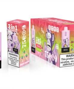 Ein rosafarbenes Vape-Gerät mit der Aufschrift „BANG KING“, auf dem die Grafik eines Gorillas und die Geschmacksrichtung „TRIPLE MELON“ deutlich zu sehen sind, neben einer bunten Verpackung, auf der verschiedene Geschmacksrichtungen und Vape-Warnungen hervorgehoben sind.