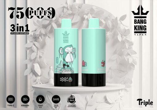 Zwei farbenfrohe Einweg-Vaporizer werden auf einem dekorativen weißen Sockel präsentiert. Sie weisen ein mintgrünes Design mit Cartoon-Affengrafiken auf. Einer trägt die Aufschrift „Black Dragon Ice“ und der andere „Strawberry Vanilla Ice“. Sie werben mit anpassbaren Geschmacksrichtungen und zeigen im Hintergrund technische Spezifikationen.