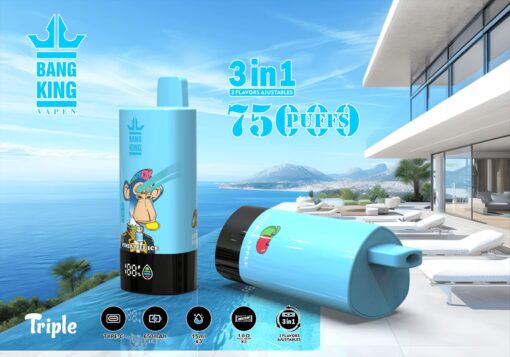 Ein stilvolles blaues Vaping-Gerät für 75 Züge, auf dem vor dem Hintergrund eines luxuriösen modernen Hauses mit Meereshintergrund die Illustration eines Cartoon-Affen zu sehen ist, wodurch die drei einstellbaren Geschmacksoptionen hervorgehoben werden.