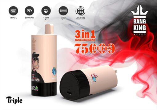 Ein Bang King Vape-Gerät mit einem pfirsichfarbenen Gehäuse im Cartoon-Gorilla-Design, auf dem die Namen „Mr Blue“ und „Cool Ice“ zu sehen sind, das über einen Ladeanschluss Typ C verfügt und angeblich 75.000 Züge mit 15 ml E-Liquid für drei Geschmacksrichtungen in einem Gerät bietet, vor dem Hintergrund von wirbelndem schwarzem und rotem Rauch.
