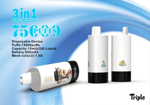 Ein Trio von Einweg-Vaping-Geräten mit einem Cartoon-Affen-Logo und Obstillustrationen, die Funktionen wie 75.000 Züge, 15 ml Fassungsvermögen und 650 mAh-Akku vor einem blauen Hintergrund mit Farbverlauf hervorheben.